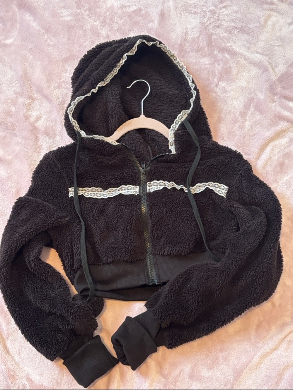 Black Sherpa Cropped Hoodie with Lace Trim